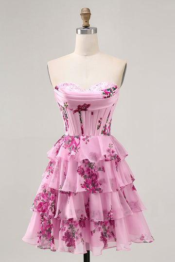 Corset Tiered Pink Floral Strapless Short Cocktail Dress